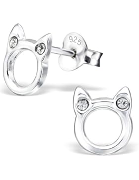 JAYARE Kinder-Ohrstecker Katzen 925 Sterling Silber Glitzer-Kristalle 7 x 6 mm Ohrringe