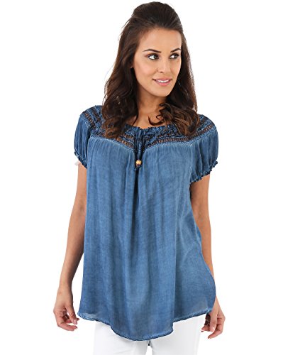 Womens Gypsy Boho Loose Lightweight Off Shoulder Top Blouse Tunic Shirt (Denim,Small-Medium)