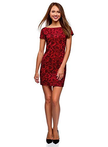 oodji Ultra Femme Robe en Maille à Imprimé Floqué, Rouge, FR 38 / S