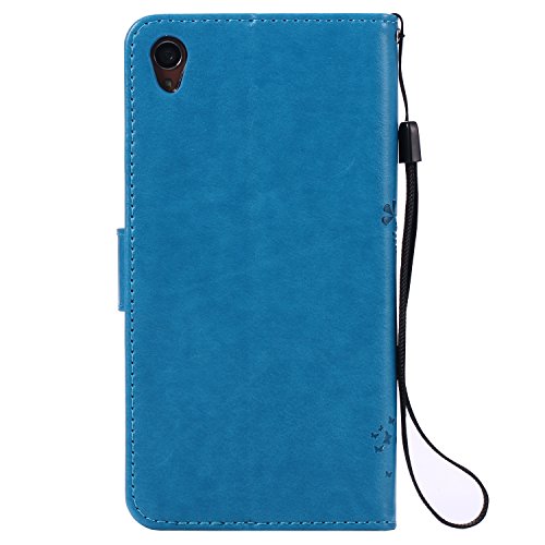 Sony Xperia Z3 Hülle Blau im Retro Wallet Design,Cozy Hut Sony Xperia Z3 Hülle Leadertasche Premium Lederhülle Flip Case im Bookstyle Folio Cover Kartenfächer Magnetverschluss und Standfunktion Leder Schale Etui für Sony Xperia Z3 (5,2 Zoll) Handytasche Schutzhülle Katzen und Bäume Muster – blau - 2