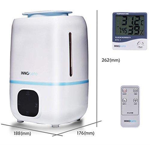 InnoBeta Fountain 3,0 Liter Ultraschall Kühler Nebel Luftbefeuchte, Leise, Automatische Abschaltung, Langanhaltend, mit LED Anzeige Touchpad und Fernbedienung (Blau) und Bonus Thermometer Hygrometer Uhr - 6