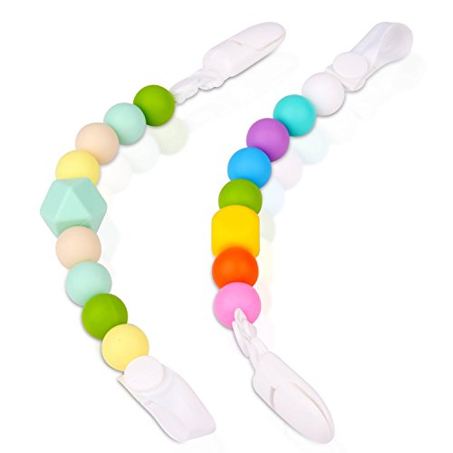 Baby Dummy Pacifier Clip / Teether Beads- 2 Silicone Dummy Holders - Fun, Colourful and BPA - Free - Unisex Pacifier Holder for Boys or Girls