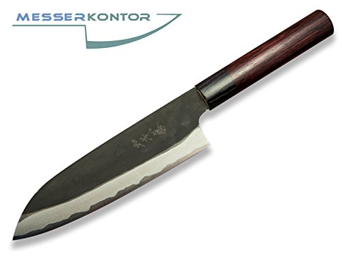 SIROU KAMO Kamo-to Kuro-Santoku Messer 17cm japanisches Kochmesser nicht rostfrei Carbonstahl handgeschmiedet Aogami II Zunderschicht beidseitig geschliffen Sandelholzgriff