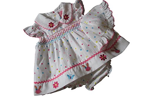 Baby Girls Multi Dot Embroidered Dress Knickers Hat 3 Piece Set (5/8 Lbs  - Premature, White/Dark Pink Trim)