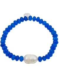 Alexandra Plata - Pulsera elástica de ágatas azules facetadas con logo en plata de ley