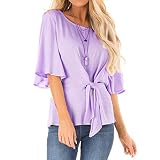 Yvelands Damen T-Shirts Kurzarm Mode Halbarm Solide Rundhalsausschnitt Krawatte beiläufige Spitzenbluse(Lila,S)
