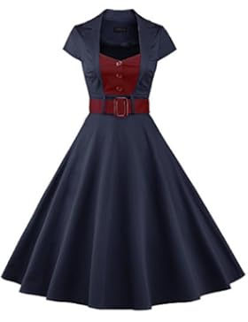 LUOUSE Damen Elegant Kurzarm V-Ausschnitt 40er 50er Retro Cocktailkleid Rockabilly Party Kleid
