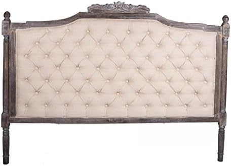 Tufted Upholstered Headboard - Upholstery Made From Light Beige Linen - Hand Carved Details - Solid Wood Construction