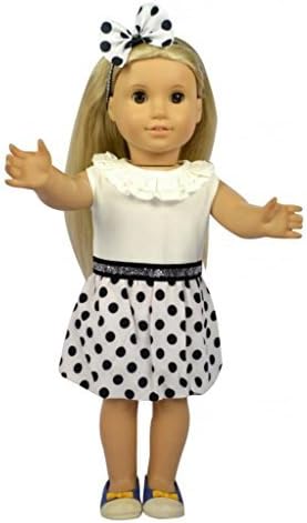 Glamerup: Rena 2-pc Doll Clothes Set - Black &amp; White Polka Dots Party Dress, with Matching Headband for Most 18 inch Dolls