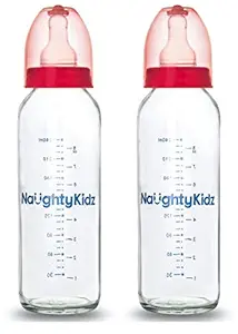 Naughty Kidz Glass Feeding Bottle with 4 LSR Nipple, 240 ml Each (Pink) - Pack of 2