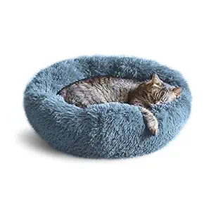 Whiskers & Friends Cat Dog Bed Calming Soft Plush Faux Fur Shag Donut Comfort Cuddler Improve Sleep - Up to 25 Pounds - Machine Washable (Navy-Gray)