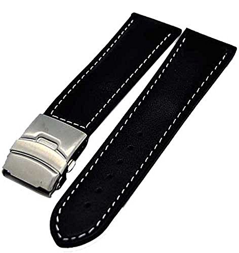 Uhrenarmband Glattleder Faltschließe 24mm schwarz + weisser Naht 3994 Uhrenarmband Glattleder Faltschließe 24mm schwarz + weisser Naht 3994