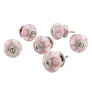 Indian-Shelf Handcrafted Vintage Pink Heart Floral Design Round Door Knobs and Drawer Handle Pulls(1.5 Inches)- 6 Pieces