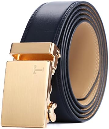 Tonywell Mens Genuine Leather Ratchet Fashion Belt with Automatic Buckle (One Size:32"-45"Waist, Gold Metal Buckle &amp; DarkBlue Leather)