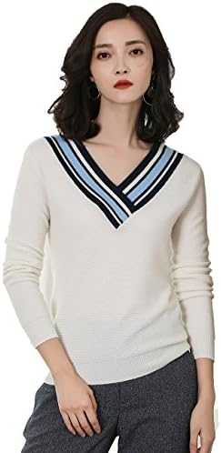 Xiouli Women's Basic V-Neck Pullover Cashmere Jumper 18U7240 (Large, White)