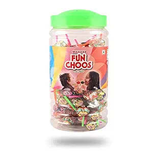 MAHAK Kandiez Funchoos Lollipop Candy Jar 105 Pieces Assorted of 4 Delicious Tangy Fruits (Strawberry, Orange, Lemon, Mango) Jolly Flavoured Lolipops Candy