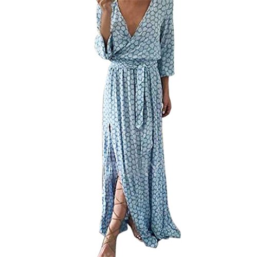 Valentine's Day Long Sleeve V Neck Printed Long Maxi Dress with Belt A-Line Casual Print Beach Derss Ankle-Length Evening Swing Party Dress for Women (L, Blue)