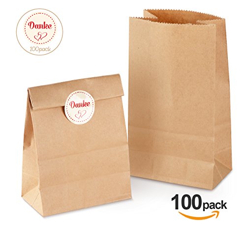 100 Bolsas de papel Bolsas papel marrón – Bolsa con suelo Mini Bolsas de regalo 9 x 16 x 5 cm 70 gr./m² bolsas de papel de estraza con 100 unidades Danke Pegatinas para bolsas oste rtüten Pan Galletas empaquetar
