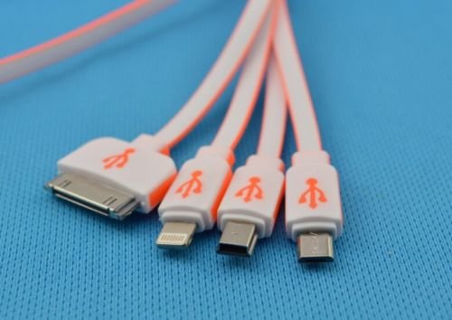 J2CC Multi Ladegerät einziehbar 4 in 1 Multiple USB Ladekabel Adapterstecker mit 8 Pin Lightning / 30 Pin / Micro USB2.0 / Mini USB-Ports für alle iPhone, iPad, iPod, Android, Amazon Kindle, mp3, mp4, Power Bank, Auto Aufladeeinheit und mehr (100cm, weiß + orange) - 4