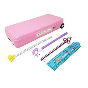 Parteet Combo(Set Of 5) Password Protected Pencil Box With 2 Pens, 1 Pencil With Eraser, 1 Folding Scale For Kids(Plastic,Blue)