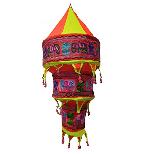 Indischer Lampenschirm Elefant Blume 75cm rot hellgrün Baumwolle Dekolampe Orient Hängelampe