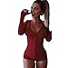 Produktbild ESAILQ Damen Bodysuit Mit V-Ausschnitt Stretch Langarm-Overall Shorts Hosen Spielanzug(Medium,Wein)