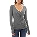 Produktbild DOLDOA Frauen dünnes V-Ausschnitt T-Shirt Damen lange Hülsen Bügel Oberseiten Hemd Blusen T-Stück (EU: 38, Grau)