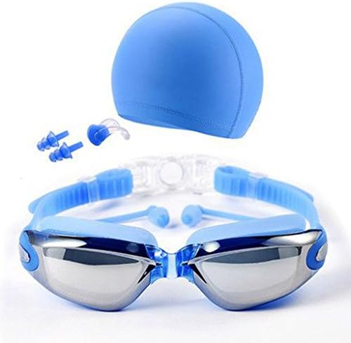 QHYKSwimming Goggles Bundle, Anti Fog UV Protected Swim Goggles with Silicone Swim Cap Bundle+Nose Clip+Ear Plugs+Case, Ergonomic Swimming Cap Fits Men Women Children (Blue)