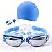 Produktbild Schwimmbrille mit Silikon Schwimmen Kappe Bundle + Nase Clip + Ohrstöpsel + Case-Anti-Nebel UV-geschützte Schwimmbrille, Ergonomische Schwimmkappe - Passend für Männer, Frauen, Kinder (Blau)