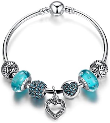Heart Charm Bangle Bracelet for Women, Blue Murno Glass Bead, Fashion Jewellery,Valentine's Day Gift