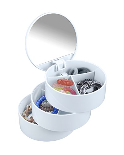 Wenko 22655100 Kosmetik Tower Kosmetik Organizer mit 3 Drehbaren Fächern und Spiegel, Acrylnitril-Butadien-Styrol (ABS), Weiß, 13 x 13 x 14 cm