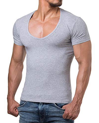Re Rock - 12 Colores Camisetas Hombre Manga Corta con Cuello En V Ajustada - Deep V-Nech Slim Fit T-Shirt - Gris en M