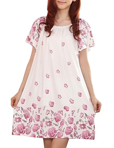 VENTELAN Women's Elegant Florals Printed Dress Short Sleeve Loose Pyjama Nighty