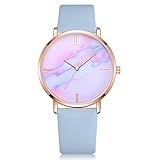 Damen Armbanduhren, Mode Einfach PU Leder Band Analog Quarz Uhren Für Frauen Marmor Muster Zifferblatt(Licht Blau)
