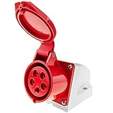 Enchufe industrial compatible con la normativa IEC-60309, preparado para voltaje de 380V a 480V (código de color rojo).