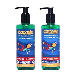 Cocomo Natural Top to Toe Wash for Kids: Shampoo + Body Wash - Contains Coconut Oil, Olive Oil, Neem & Aloe Vera (Minty Sea 600 ml Combo)