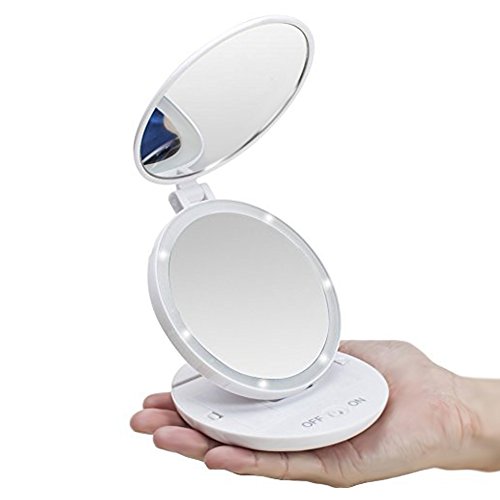 Zuoao Kosmetikspiegel mit 6 LEDs Beleuchtung - Rund Faltbare Make Up Spiegel / Beleuchtet Schminkspiegel / Rasierspiegel für Make up,Reisen mit 5 fach Vergrößerung,Batteriebetrieb(1X/5X Vergrößerung) Weiß