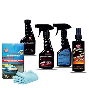 UE Car Clean & Shine Kit (Pack of 5 Items) Glass Cleaner, Liquid Wax, Drywash, All Shine, Micro Fiber Cloth