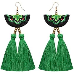 ❤️ Modaworld Pendientes Mujer Pendientes de Borla de Rota de Mujeres de Bohemia Bordado Pendientes Largos Hechos a Mano Joyería de señoras (Verde)