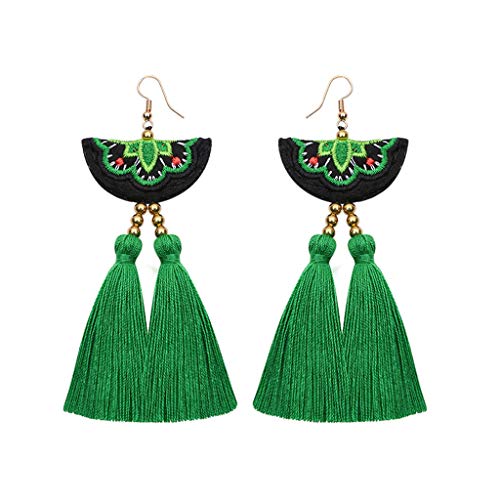 ❤️ Modaworld Pendientes Mujer Pendientes de Borla de Rota de Mujeres de Bohemia Bordado Pendientes Largos Hechos a Mano Joyería de señoras (Verde)