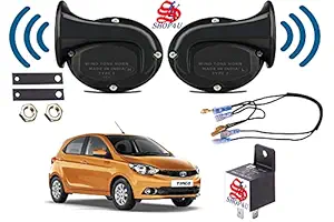 SHOP4U Square Shape Car Windtone Horn with Raley and Wire for Tata Tiago (Set of 2 Horn with Relay and Wire, Black)