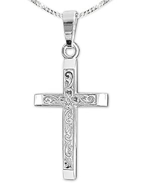 CLEVER SCHMUCK-SET Silberner Anhänger exquisites Kreuz 27 mm mit Blumendekor verziert und Kette Panzer 50 cm STERLING...