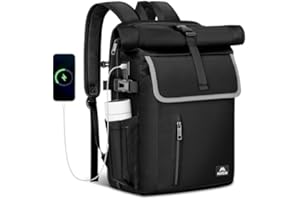 MATEIN Plecak damski z rolowaną górą, wodoodporny, 36 l, duży plecak na laptopa 17" z portem ładowania USB, plecak antykradzieżowy, kompatybilny z AirTag i RFID, czarny