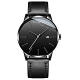 LLLS Men es Black Ultra Thin Fashion Slim Minimalist Casual Waterproof Watch Analogue Quartz Watches Kalender Leder-Strap