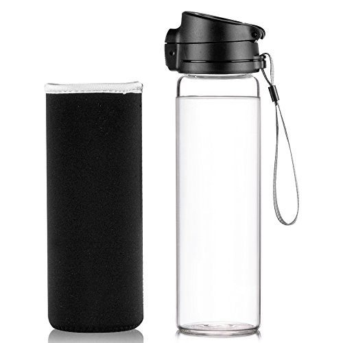 Reeho® Tragbare 510ml Sportflasche Trinkflasche aus Glas, BPA-frei Wasserflasche Glas, Borosilikat Glasflasche Mit Nylon Tasche, Flaschen für Wandern, Fitnessstudio , Laufen