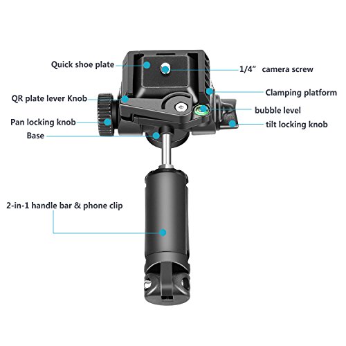 Neewer treppiede testa a sfera con 1/10,2Â cm piastra a innesto rapido con manico 2-in-1Â bar/telefono cellulare della clip per Canon Nikon Sony DSLR fotocamera digitale, videocamera, smartphone Samsung (nero)