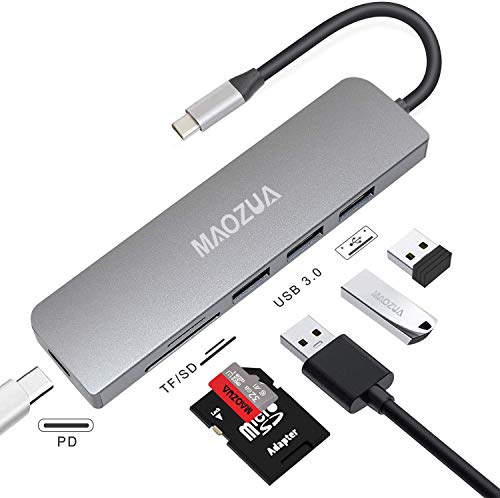 MAOZUA (Upgraded) USB 3.0 HUB with TF SD Card Reader, 6 in 1 USB C Hub Adapter of 3 USB 3.0 Ports, TF/SD Card Reader,USB-C Power Delivery Ultra Slim High-Speed Compatible for MacBook, USB C Devices