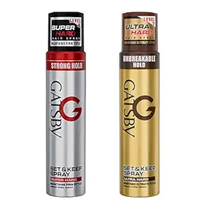 GATSBY Set and Keep Super Hard Hair Spray, 250ml with Ultra Hard Hair Spray, 250ml, Silver & Golden