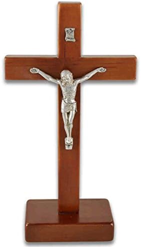 kruzifix24 Devotionalien Stehkreuz Cross Altar Metal Body Alder Wood Dark Finish 21 x 11 cm Crucifix with Stand Foot Sympathy Cross