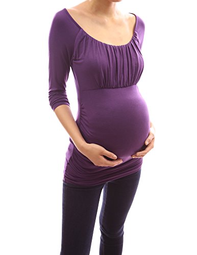 PattyBoutik Mama Scoop Neck Raglan Long Sleeve Ruched Casual Tee Maternity Blouse Top (Dark Purple X